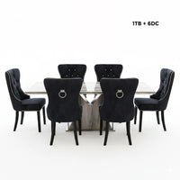 Dining set with black chairs and a round table on a white background