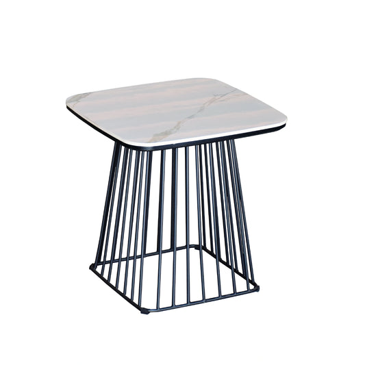 Side table with marble top and black metal frame on a white background