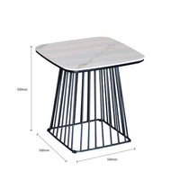 Side table with marble top and metal frame, shown with dimensions on a white background