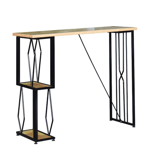 Modern bar height table with black metal frame and wooden top on a white background