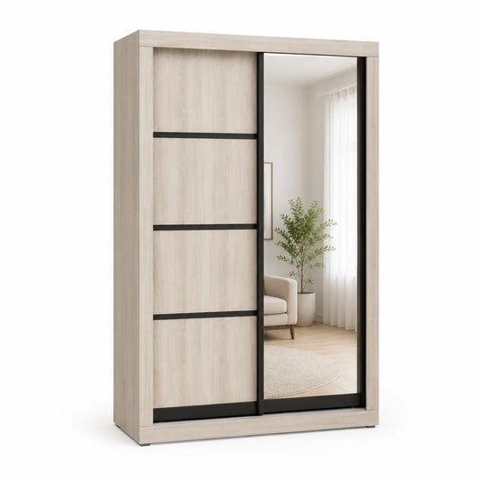 A modern sliding wardrobe with a light beige wood grain finish and black metal accents. One of the sliding doors is fully open, revealing a mirror that reflects a bright, contemporary room with a chair and plant, set against a solid white background.