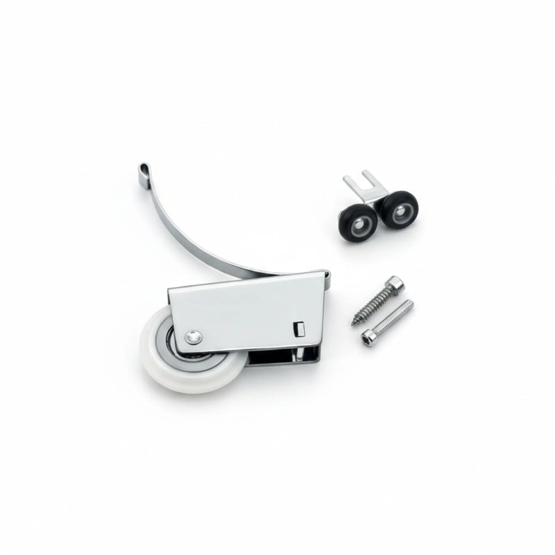 Chrome door roller with wheels and screws on a white background