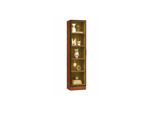 A tall, narrow wooden display cabinet with five shelves and a glass front, shown against a plain white background.