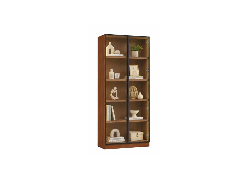 A tall wooden bookcase with two glass doors and multiple shelves, styled with books, vases, and small decor items, shown against a plain white background.