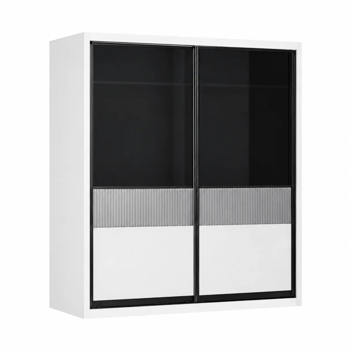 A modern white wall-mounted cabinet with two sliding glass doors featuring black frames, a black upper section, a ribbed silver-gray middle band, and a white lower section.