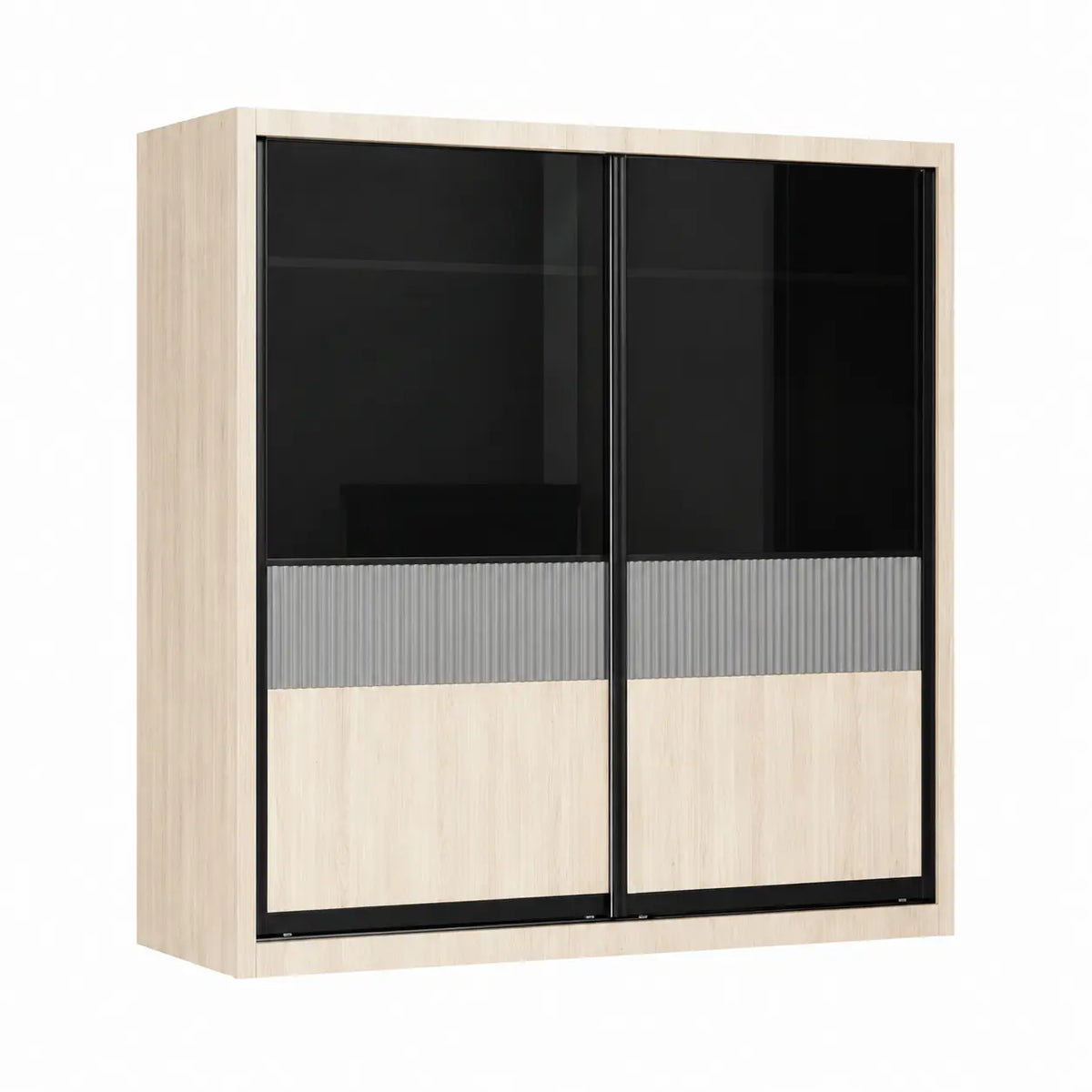 A modern wall-mounted cabinet with light wood grain doors and black-framed glass panels, shown on a plain white background.