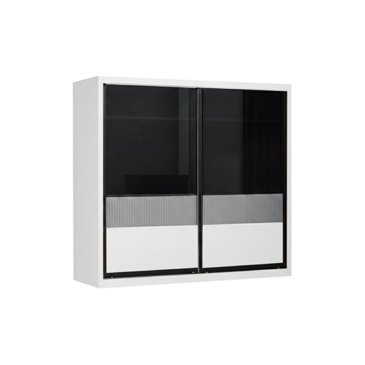 White wardrobe with black glass doors on a white background