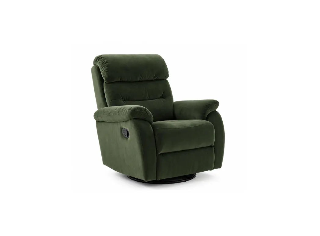 An olive green upholstered recliner chair with a swivel base, shown from a three-quarter angle on a solid white background.