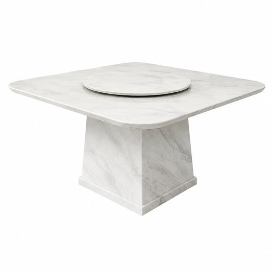 A square outdoor dining table made of white marble with a central circular fire pit insert, shown on a solid white background.