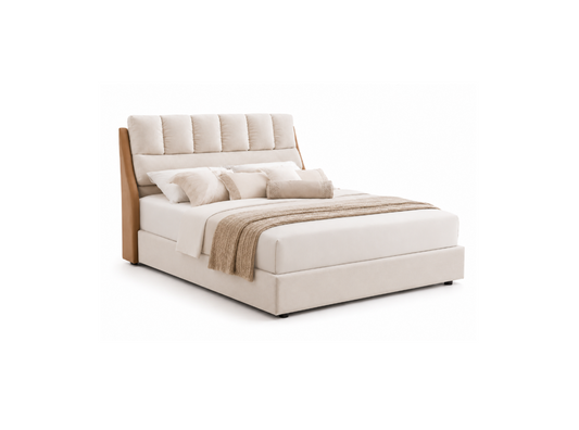 A modern platform bed with a tufted upholstered headboard in a light beige fabric and natural wood side rails, styled with cream pillows and a beige throw blanket on a white background.