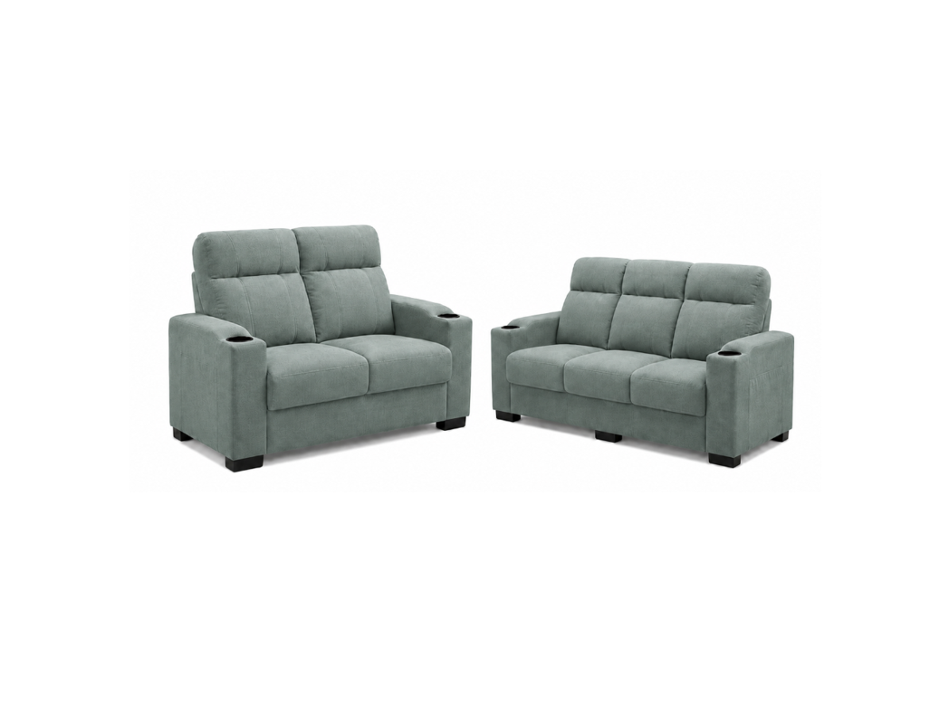 A two-piece sofa set consisting of a two-seater loveseat and a three-seater couch, upholstered in a textured sage green fabric with black feet and cup holders in the outer armrests, shown on a plain white background.