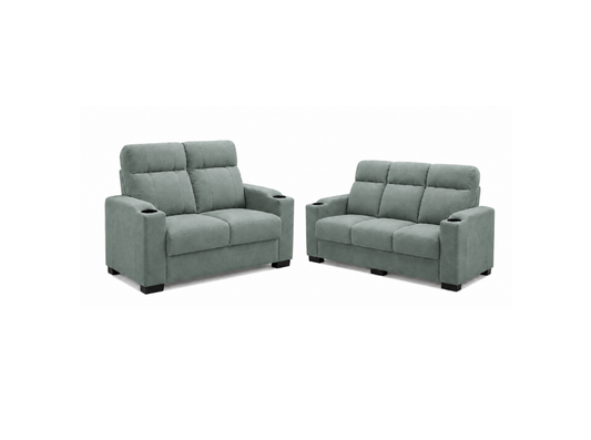 A two-piece sofa set consisting of a two-seater loveseat and a three-seater couch, upholstered in a textured sage green fabric with black feet and cup holders in the outer armrests, shown on a plain white background.