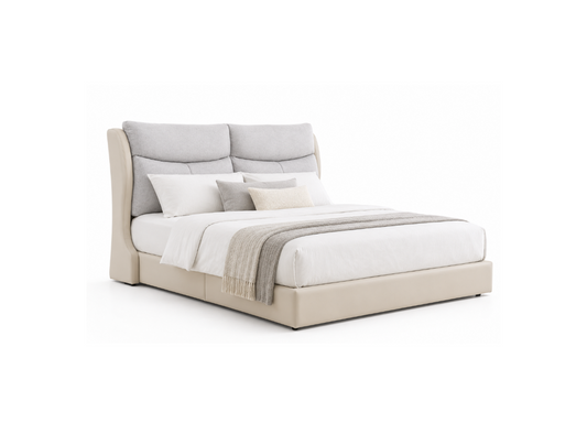 A modern platform bed with a tall, tufted upholstered headboard and matching base, dressed in white bedding and a light gray throw blanket, shown on a solid white background.