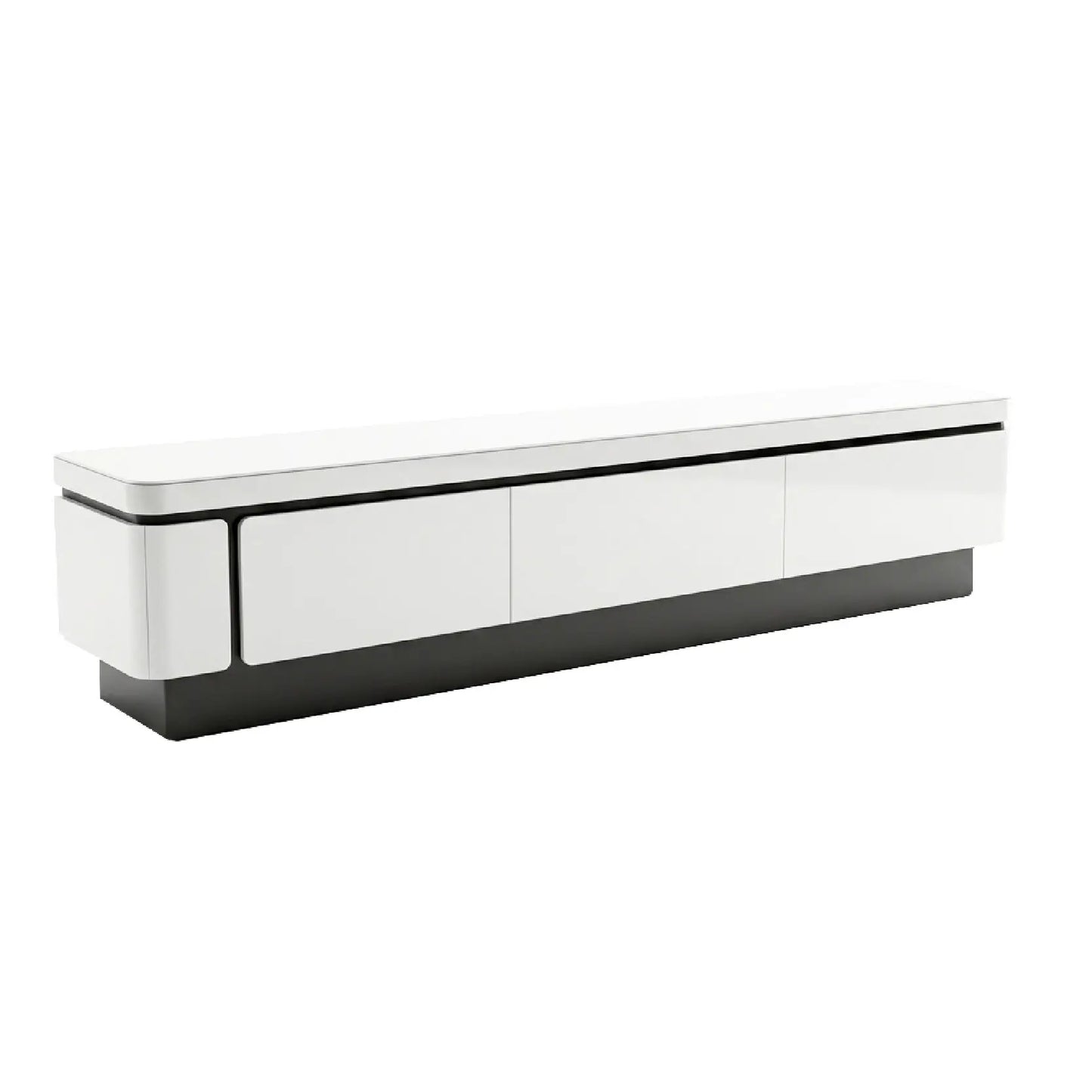 Modern TV stand with white top and black base on a white background