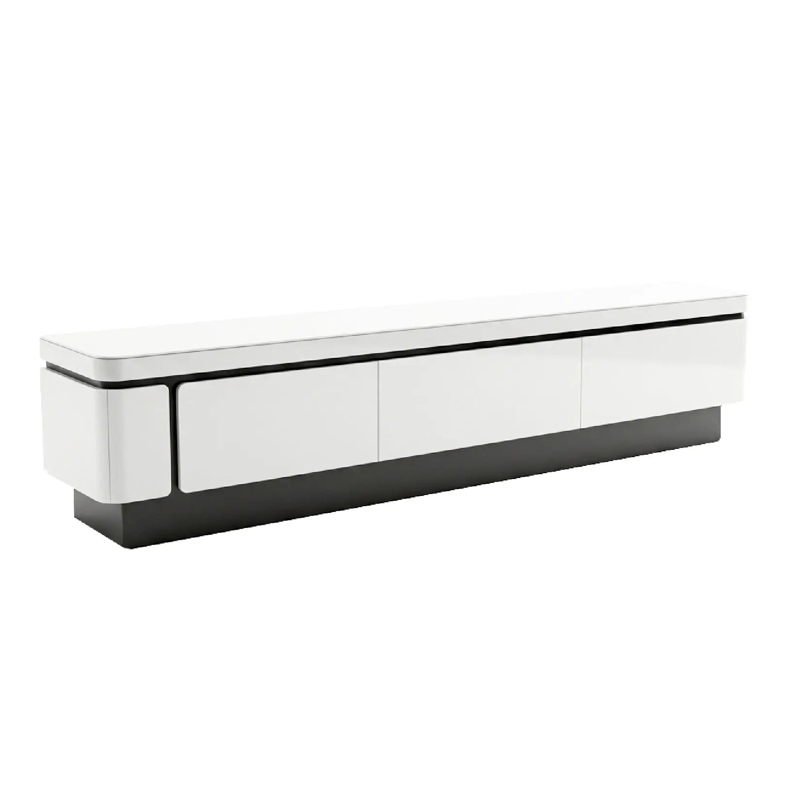 Modern TV stand with white top and black base on a white background