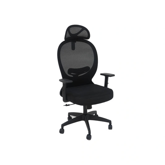 Black office chair with headrest on a white background