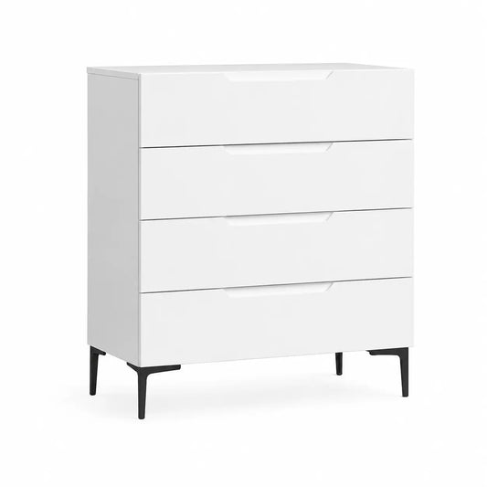 A modern white four-drawer chest of drawers with slim black legs, shown on a clean white background.
