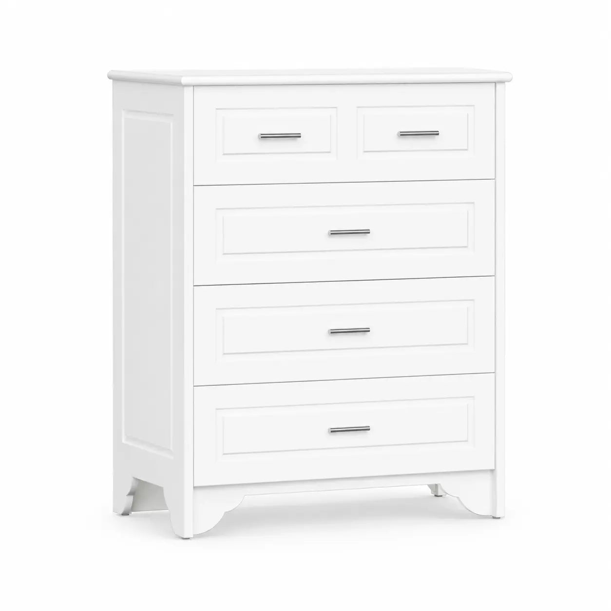 A white four-drawer dresser with silver metal handles, shown from a three-quarter angle on a solid white background.