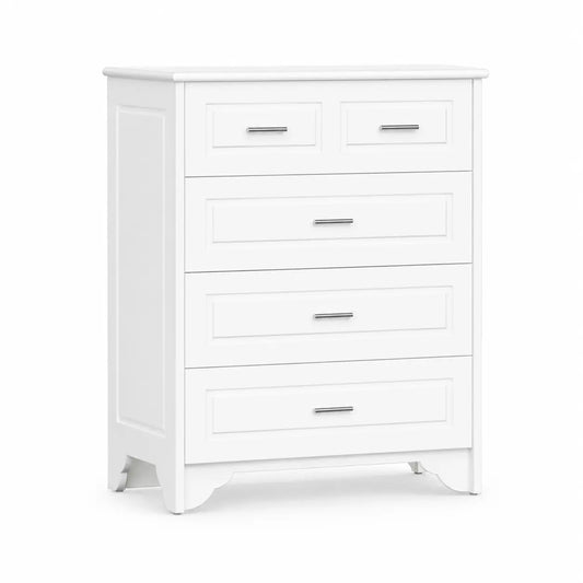 A white four-drawer dresser with silver metal handles, shown from a three-quarter angle on a solid white background.