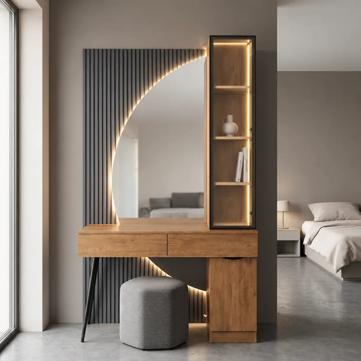 A modern wooden vanity desk with an integrated shelving unit and a large arched mirror featuring warm LED lighting, set in a contemporary bedroom.