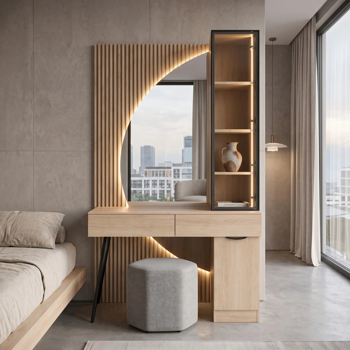 A modern light wood vanity desk with an integrated illuminated curved mirror, open shelving, and a gray fabric stool in a minimalist bedroom setting.