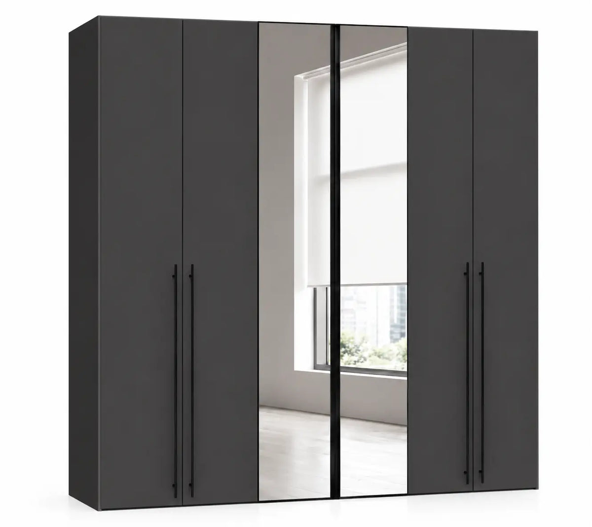 A modern four-door wardrobe with two dark gray doors and two mirrored doors in the center, featuring slim black vertical handles.