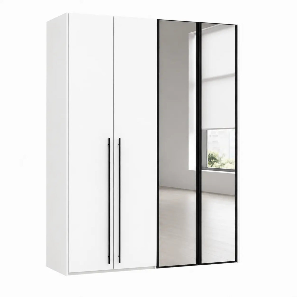 A modern white three-door wardrobe with two solid doors on the left and two mirrored doors on the right, featuring slim black handles and a black frame.