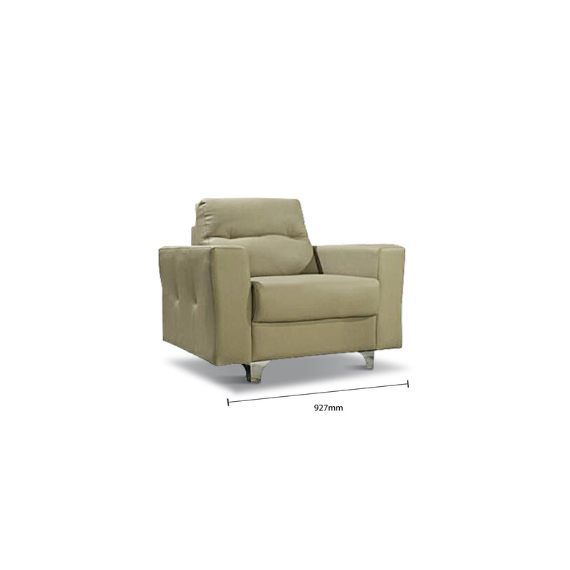 Beige armchair with dimensions indicated on a white background