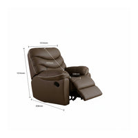 Brown recliner chair with dimensions labeled on a white background