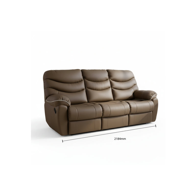 Brown leather sofa with dimensions on a white background