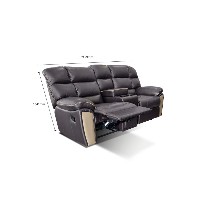 Black leather reclining sofa with dimensions labeled on a white background