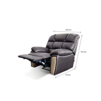 Black leather recliner chair with dimensions marked on a white background