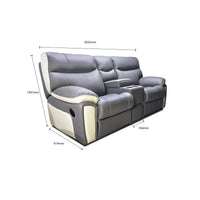 Gray recliner sofa with dimensions marked on a white background