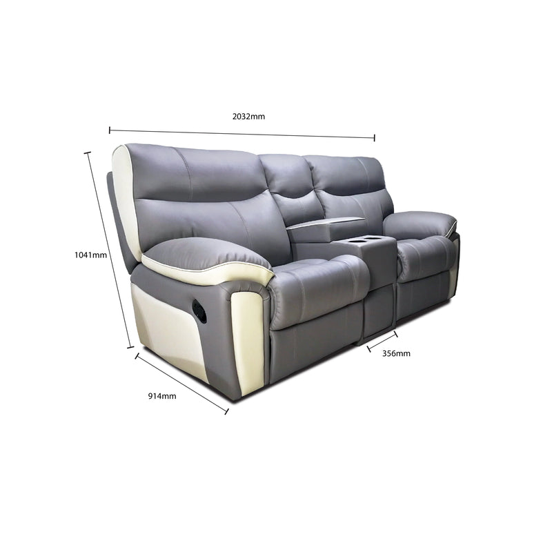 Gray recliner sofa with dimensions marked on a white background