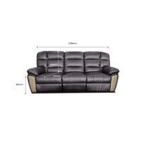 Black leather sofa with dimensions marked on a white background
