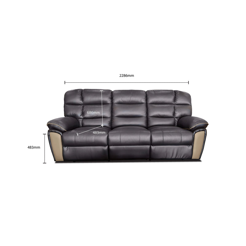 Black leather sofa with dimensions marked on a white background