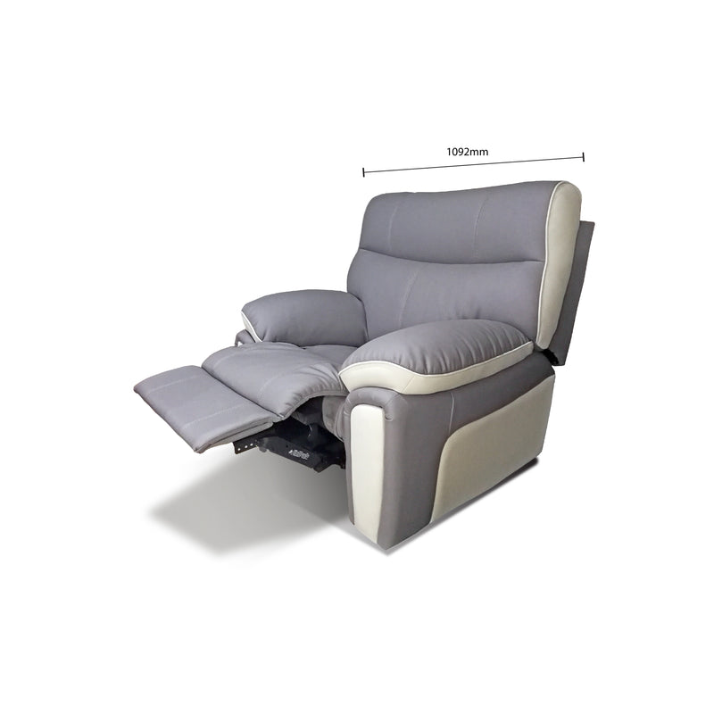 Gray recliner chair with dimensions indicated on a white background