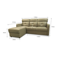 Beige sectional sofa with dimensions labeled on a white background