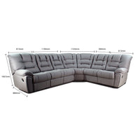 Gray sectional sofa with dimensions marked on a white background