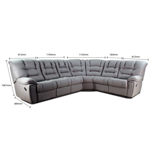 Gray sectional sofa with dimensions marked on a white background
