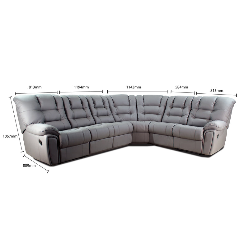 Gray sectional sofa with dimensions marked on a white background