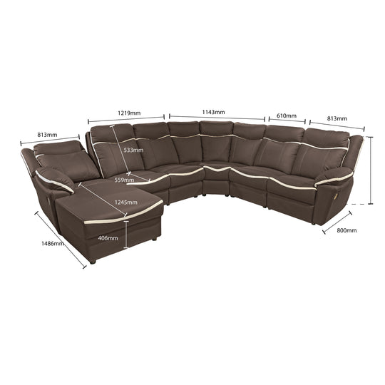 Brown sectional sofa with measurements on a white background