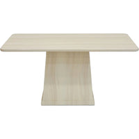 Beige rectangular table with a unique base design on a white background