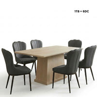 Dining table set with six black chairs on a white background