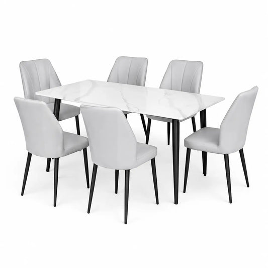 A 7-piece dining set featuring a rectangular white marble-patterned table with black legs and six light gray upholstered chairs with black legs, shown on a solid white background.