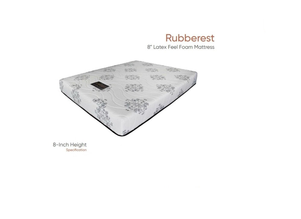 An 8-inch latex feel foam mattress shown at an angle on a white background with text overlays reading 'Rubberest' and '8-Inch Height Specification