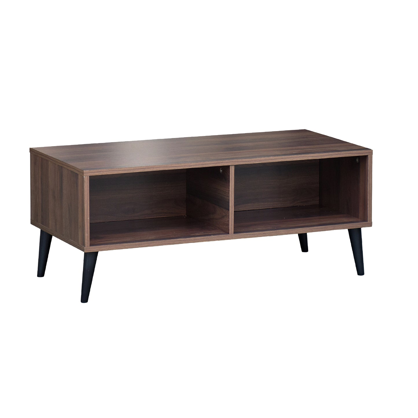 Wooden TV stand with black legs on a white background