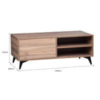 Wooden TV stand with dimensions on a white background