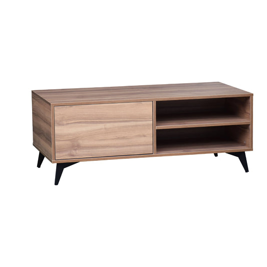 Wooden TV stand with a sliding door on a white background