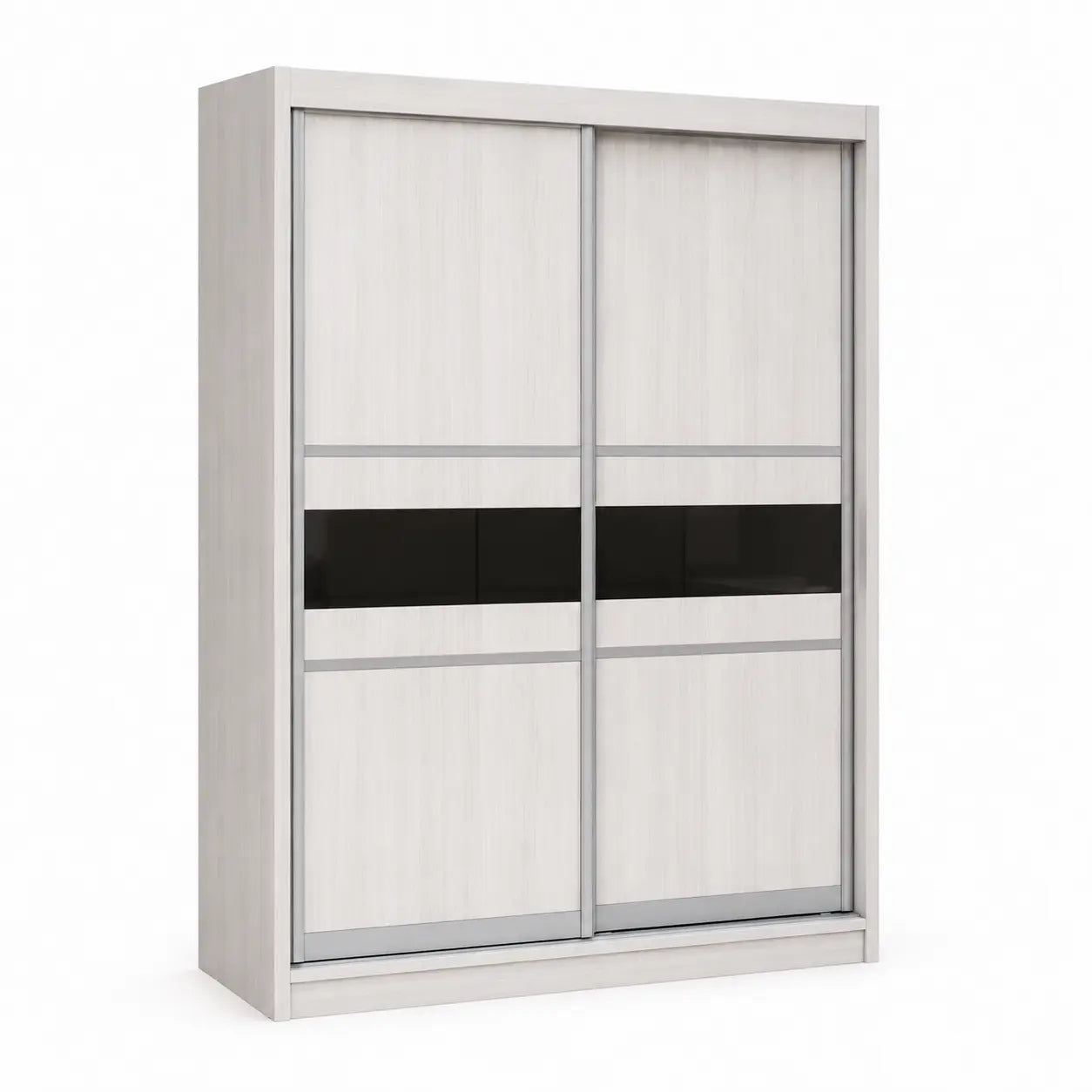 A modern two-door sliding wardrobe with light gray wood-grain textured doors, featuring a horizontal black glass panel in the center of each door and slim silver metal rails.